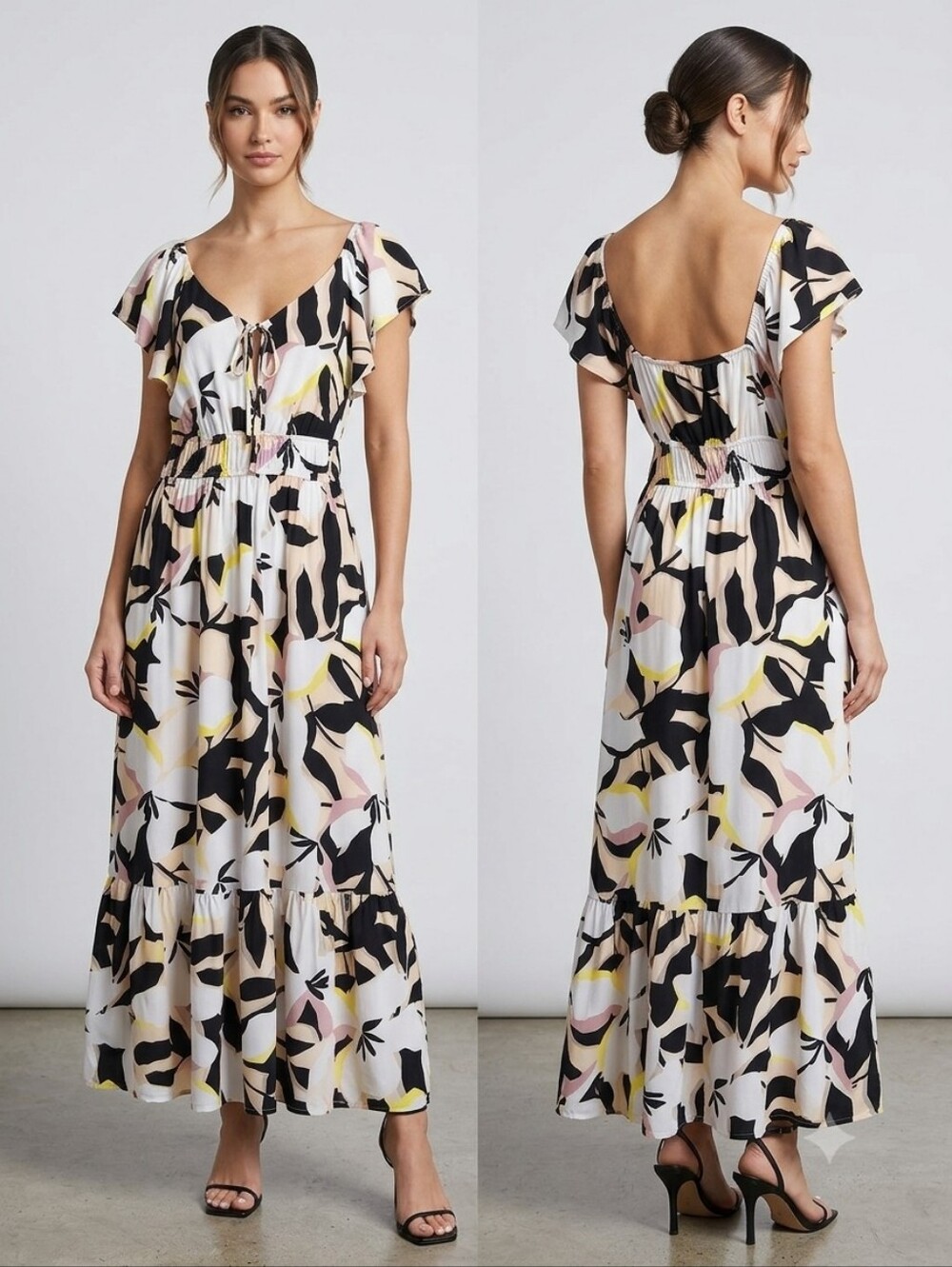 Nine West Black, Ivory, Blush & Yellow Abstract Floral Maxi Dress